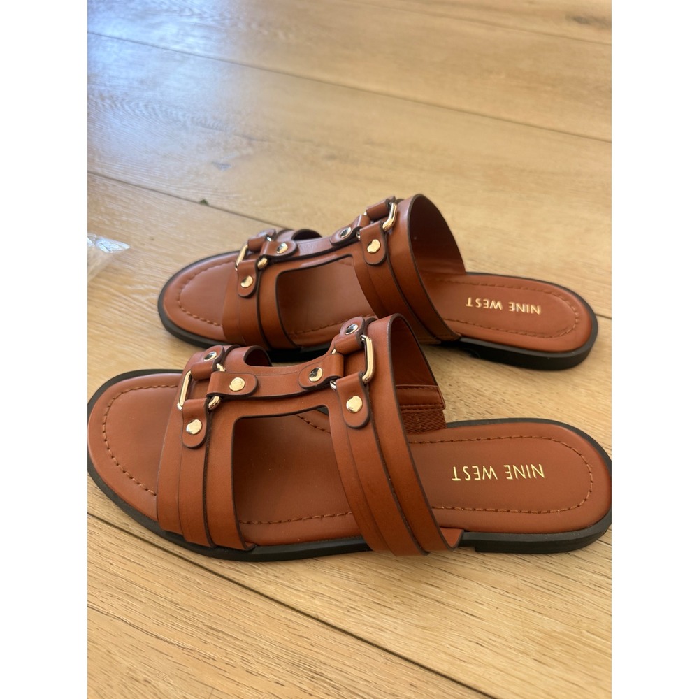 Nine West Womens Cognac Brown Multi Strap Slide Sandals Gold Hardware Size 8.5M